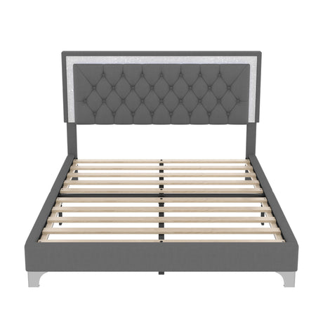 3-Pieces Bedroom Set, Queen Size Upholstered Platform Bed with LED Lights and Two Nightstands - Gray HouseOfZazla