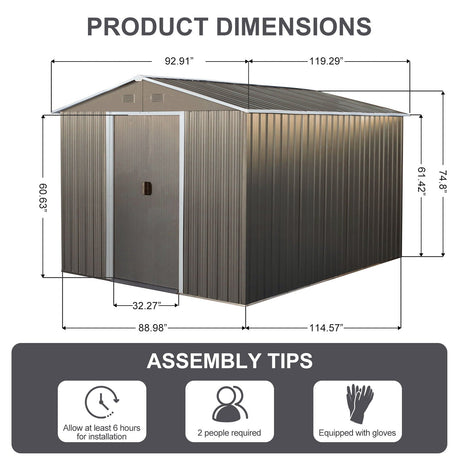 8X10Ft Outdoor Metal Storage Shed - Gray HouseOfZazla