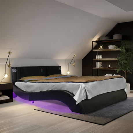 Platform Bed Frame With LED Lighting, Bluetooth Music, Vibration Massage HouseOfZazla
