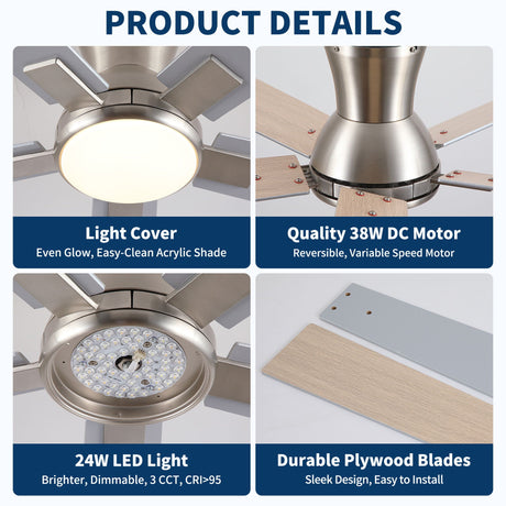 Low Profile Flush Mount Intergrated LED Ceiling Fan With Light And Reversible Quiet Motor HouseOfZazla