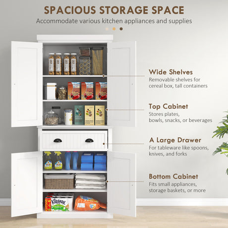 Homcom - 72" Kitchen Pantry, Tall Storage Cabinet, Freestanding Cupboard With Drawer, Doors And Adjustable Shelves - White HouseOfZazla