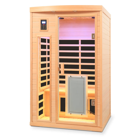 Low EMF, There is also a heating plate on the glass door, Hemlock wood Far-infrared indoor Two person sauna room HouseOfZazla