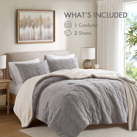 3 Pieces Full/Queen Cable Knit Chenille Comforter Set Gray HouseOfZazla