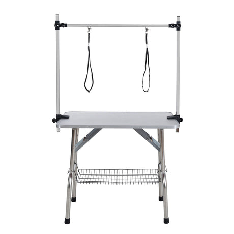Folding Dog Pet Grooming Table Stainless Steel Frame Rubber Mat On Board With Adjustable Arm And Clamps Pet Dog Cat Grooming Table HouseOfZazla