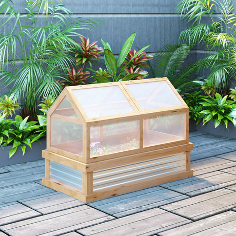 Outsunny - Raised Garden Bed With Polycarbonate Greenhouse, Wooden Garden Cold Frame Greenhouse, Flower Planter Protection, 48" x 24" x 32" - Natural HouseOfZazla