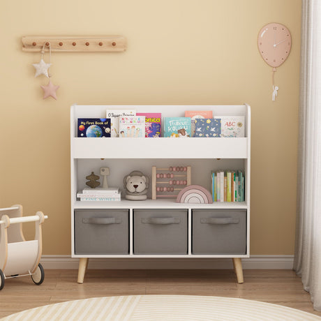 Bookshelf With 3 Bins, Storage Shelf For Toys And Books - White HouseOfZazla