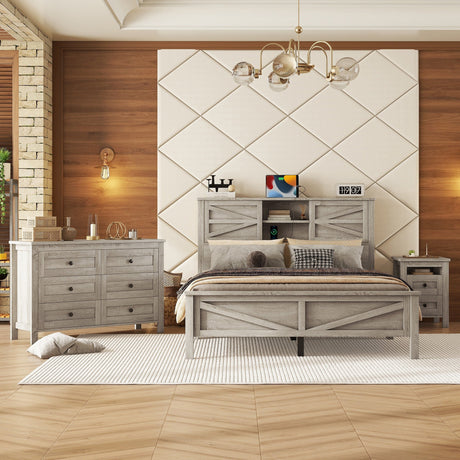 3-Pieces Bedroom Set Queen Size Farmhouse Platform Bed with Storage Headboard and Charging Station HouseOfZazla