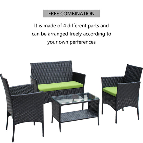 4 PC Rattan Patio Furniture Set Outdoor Cushioned Wicker Sofa Green Cushion HouseOfZazla