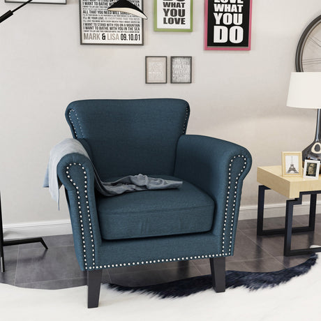 Elegant Navy Blue Fabric Club Chair with Nailhead Trim and Birch Wood Legs HouseOfZazla