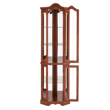 Corner Curio Cabinet With Lights, Adjustable Shelves, Mirrored Back - Walnut HouseOfZazla