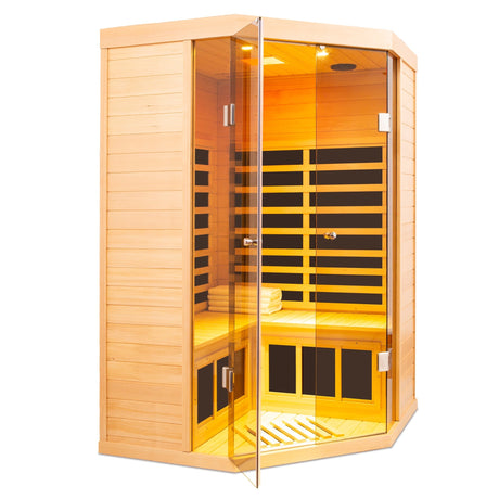 Deluxe Hemlock Far Infrared Corner Sauna Room with Glass Front for Two Persons HouseOfZazla