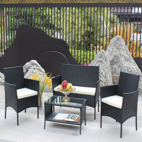 4 PC Rattan Patio Furniture Set Outdoor Cushioned Wicker Sofa HouseOfZazla