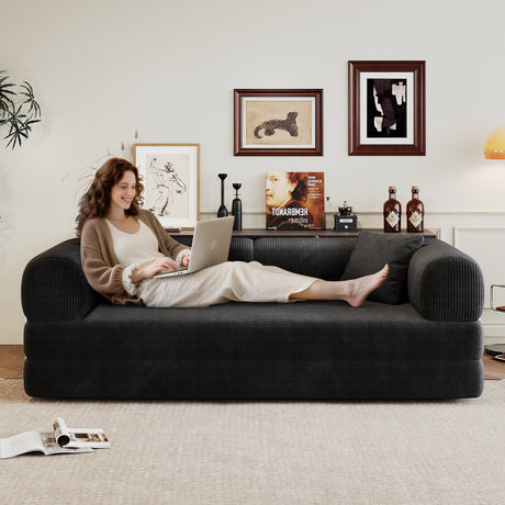 78.8' Compression Sofa,Convertible Floor Sofa Bed-with Pillow Back Support Armrest,Comfy Futon Couch Sleeper Bed,Loveseats Boneless Modular Sectional Sofa,Corduroy fabric,for Living Room,Bedroom,Black HouseOfZazla