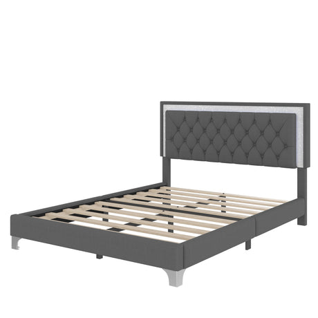 3-Pieces Bedroom Set, Queen Size Upholstered Platform Bed with LED Lights and Two Nightstands - Gray HouseOfZazla