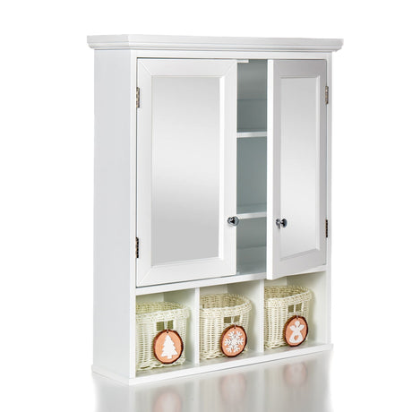 Bathroom Storage Cabinet, Medicine Cabinets For Bathroom With Mirror, 2 Doors 2 Adjustable Shelf & 3 Christmas Style Storage Basket - White HouseOfZazla