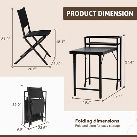 3 Piece Patio Bistro Set, Patio Set Of Foldable Patio Table And Chairs, Outdoor Patio Furniture Sets - Black HouseOfZazla