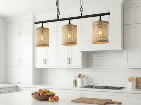 Elysian - 3 Lights Island With Natural Shade Farmhouse Chain Ceiling Lamp - Black / Rattan HouseOfZazla