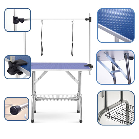 Folding Dog Pet Grooming Table Stainless Steel Frame Rubber Mat On Board With Adjustable Arm And Clamps Pet Dog Cat Grooming Table HouseOfZazla