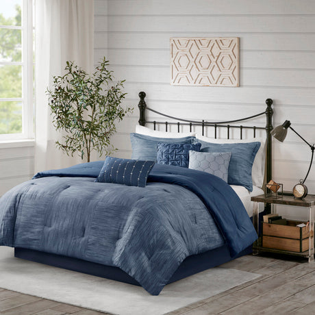 7 Piece Printed Seersucker Comforter Set Navy King HouseOfZazla