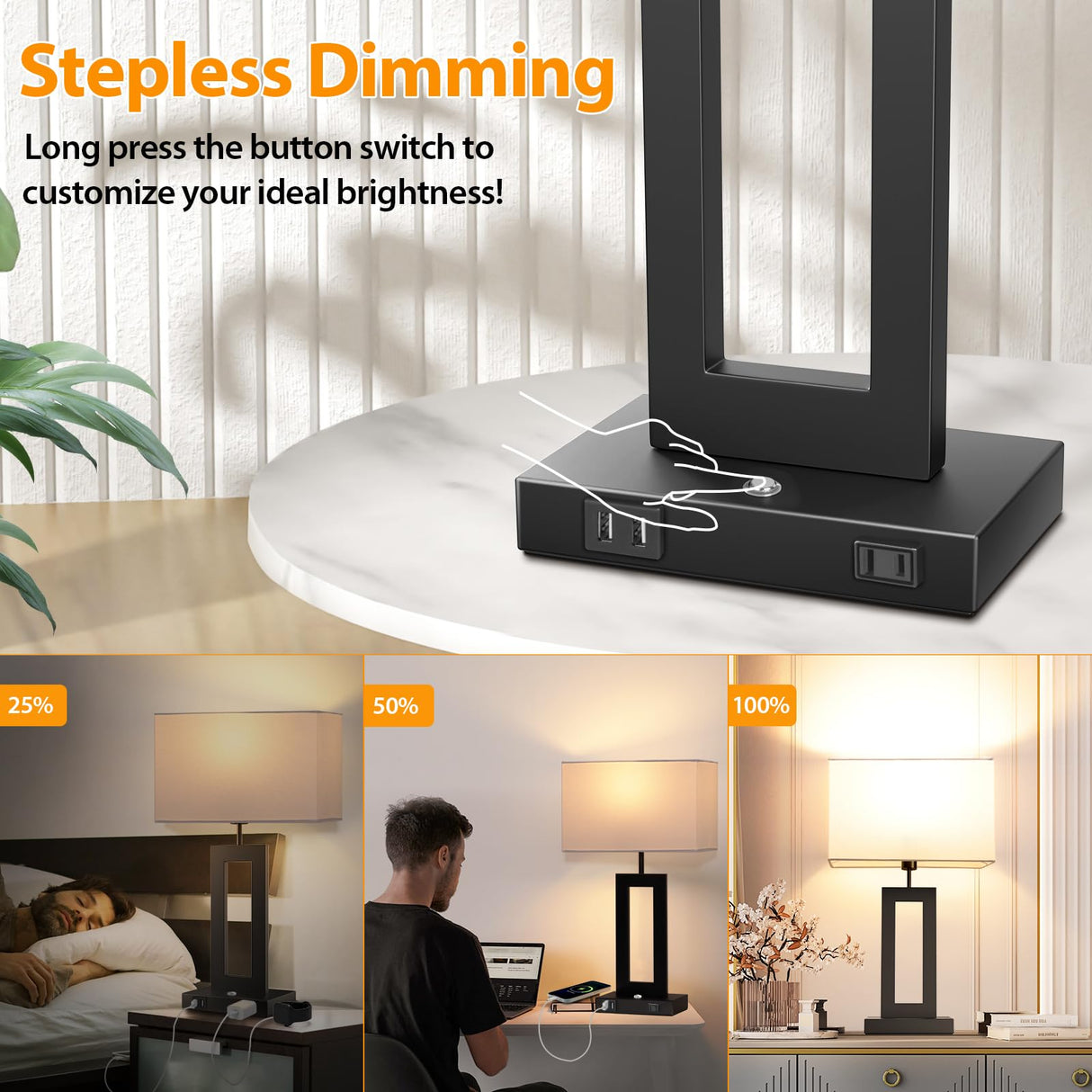 3 Color Temperatures Table Lamps for Bedrooms Set of 2, 22’’ Touch Control Bedside Nightstand Lamps with 2 USB Ports & AC Outlet, Stepless Dimmable Lamps with White Shade, Modern Lamps for Living Room Kondras