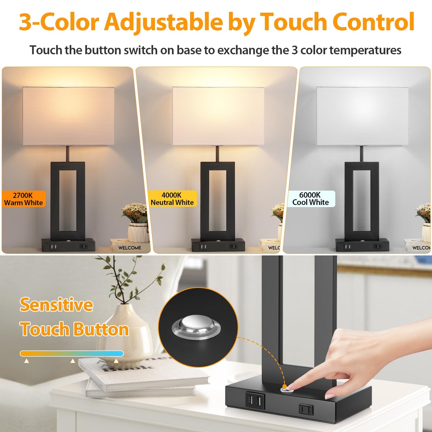 3 Color Temperatures Table Lamps for Bedrooms Set of 2, 22’’ Touch Control Bedside Nightstand Lamps with 2 USB Ports & AC Outlet, Stepless Dimmable Lamps with White Shade, Modern Lamps for Living Room Kondras