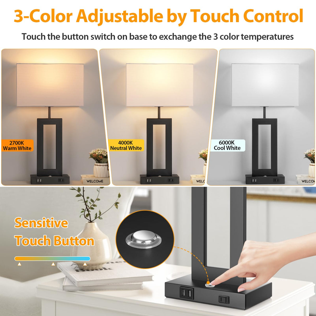 3 Color Temperatures Table Lamps for Bedrooms Set of 2, 22’’ Touch Control Bedside Nightstand Lamps with 2 USB Ports & AC Outlet, Stepless Dimmable Lamps with White Shade, Modern Lamps for Living Room Kondras