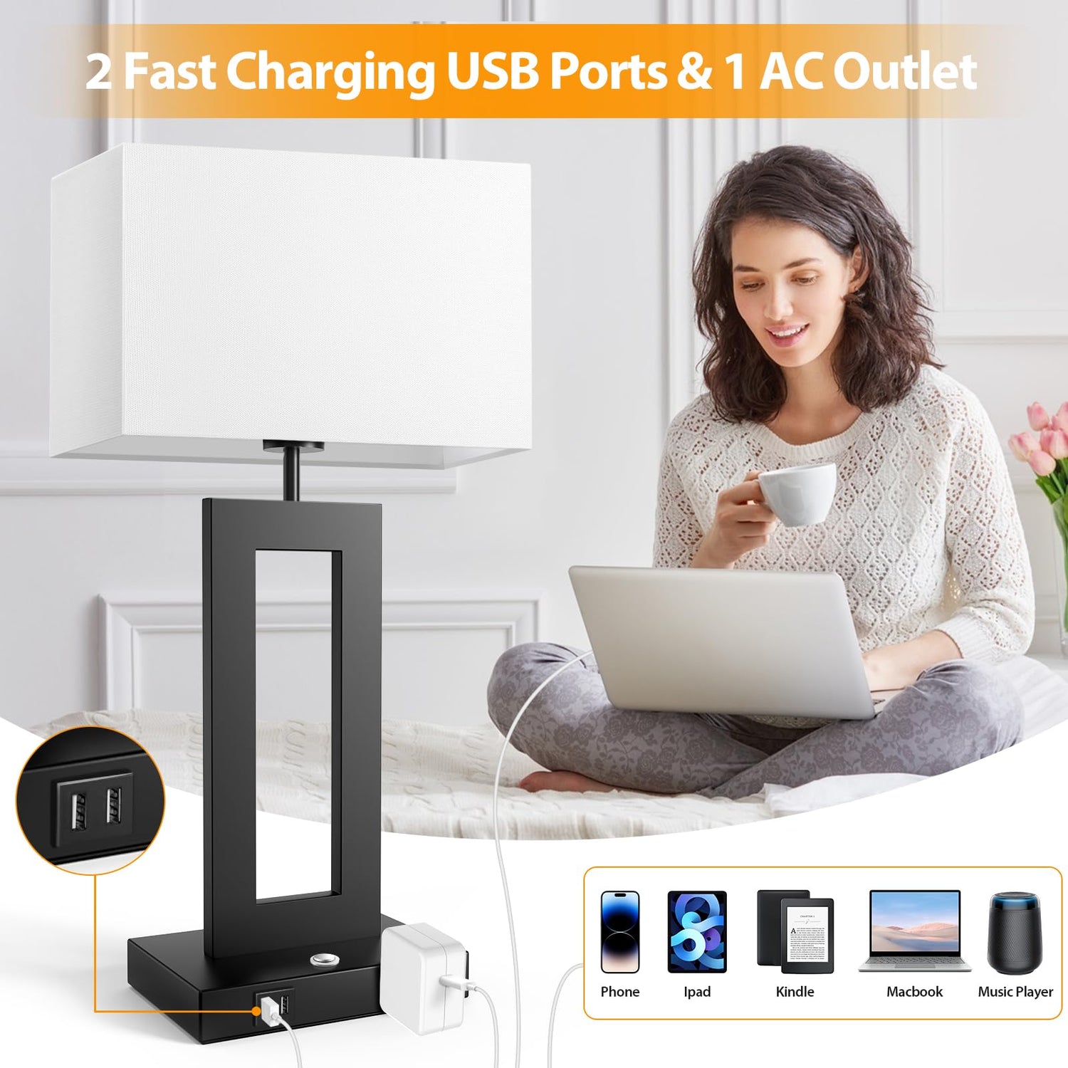 3 Color Temperatures Table Lamps for Bedrooms Set of 2, 22’’ Touch Control Bedside Nightstand Lamps with 2 USB Ports & AC Outlet, Stepless Dimmable Lamps with White Shade, Modern Lamps for Living Room Kondras