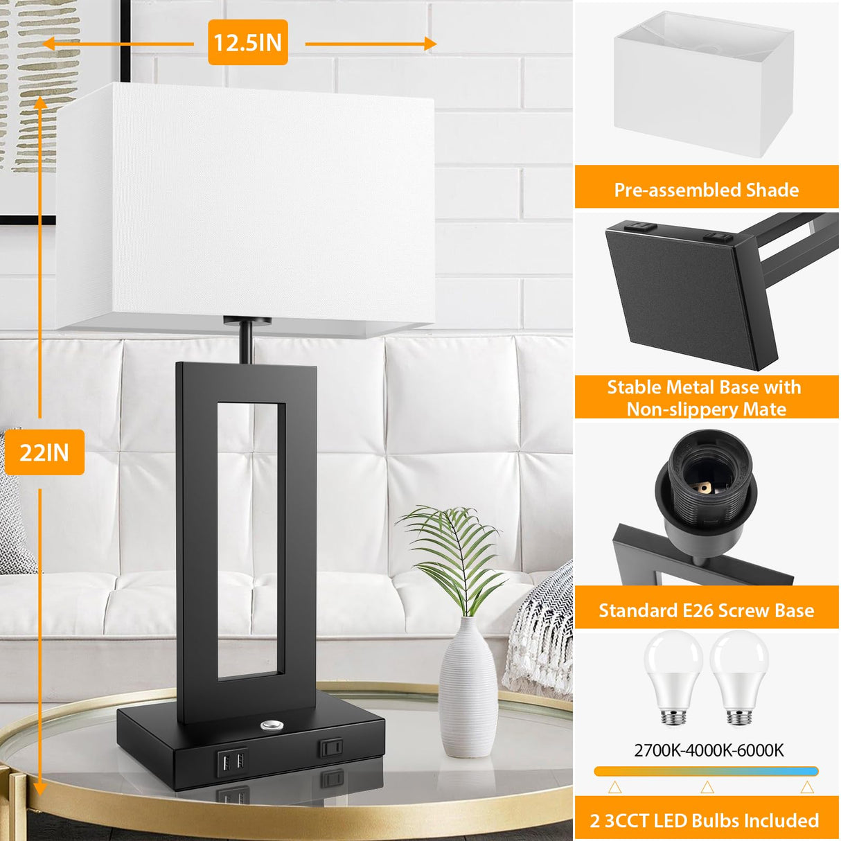 3 Color Temperatures Table Lamps for Bedrooms Set of 2, 22’’ Touch Control Bedside Nightstand Lamps with 2 USB Ports & AC Outlet, Stepless Dimmable Lamps with White Shade, Modern Lamps for Living Room Kondras