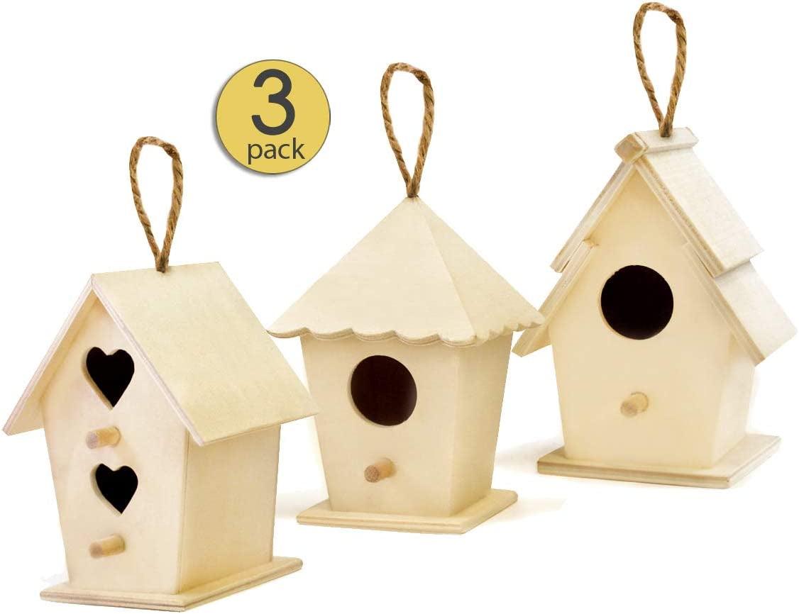 3 Pack Unfinished Wooden Bird Houses to Paint for Kids & Adults Mini Feeder Houses to Cord for Hanging DIY Arts 4.5" Tall WoodArtSupply