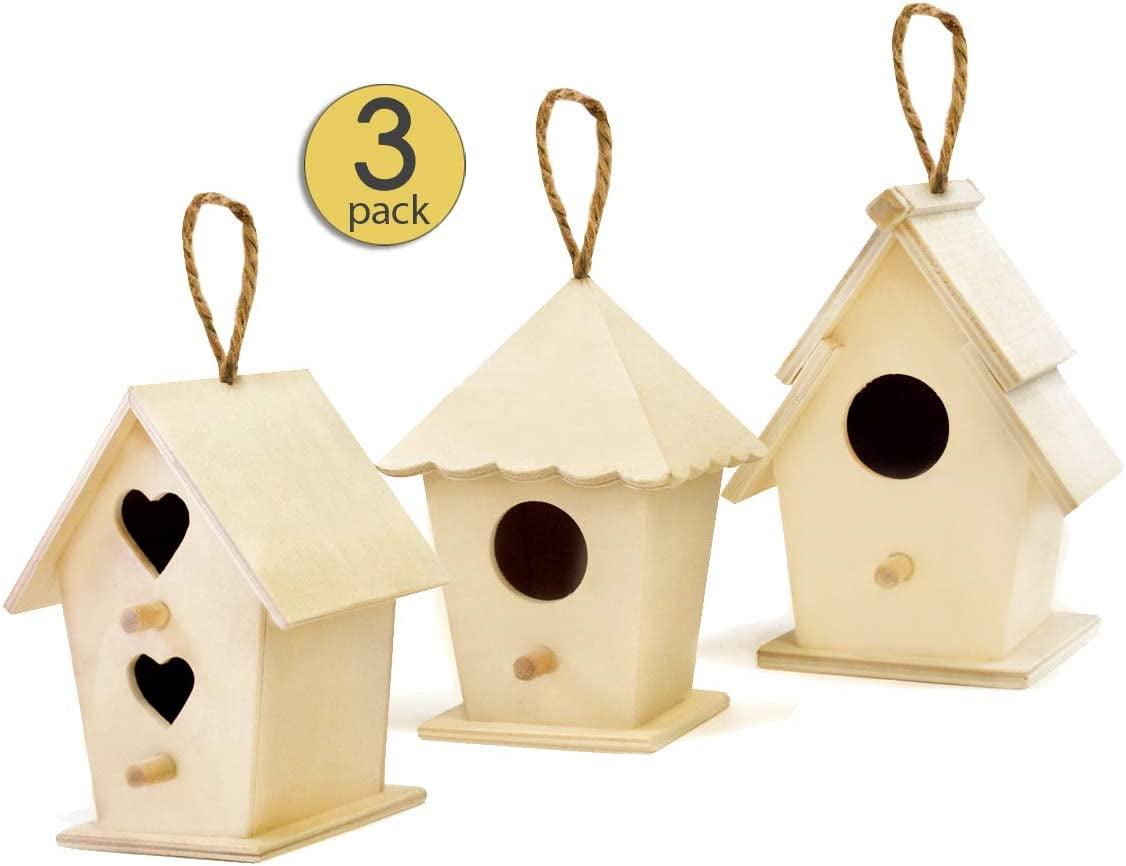 3 Pack Unfinished Wooden Bird Houses to Paint for Kids & Adults Mini Feeder Houses to Cord for Hanging DIY Arts 4.5" Tall - WoodArtSupply