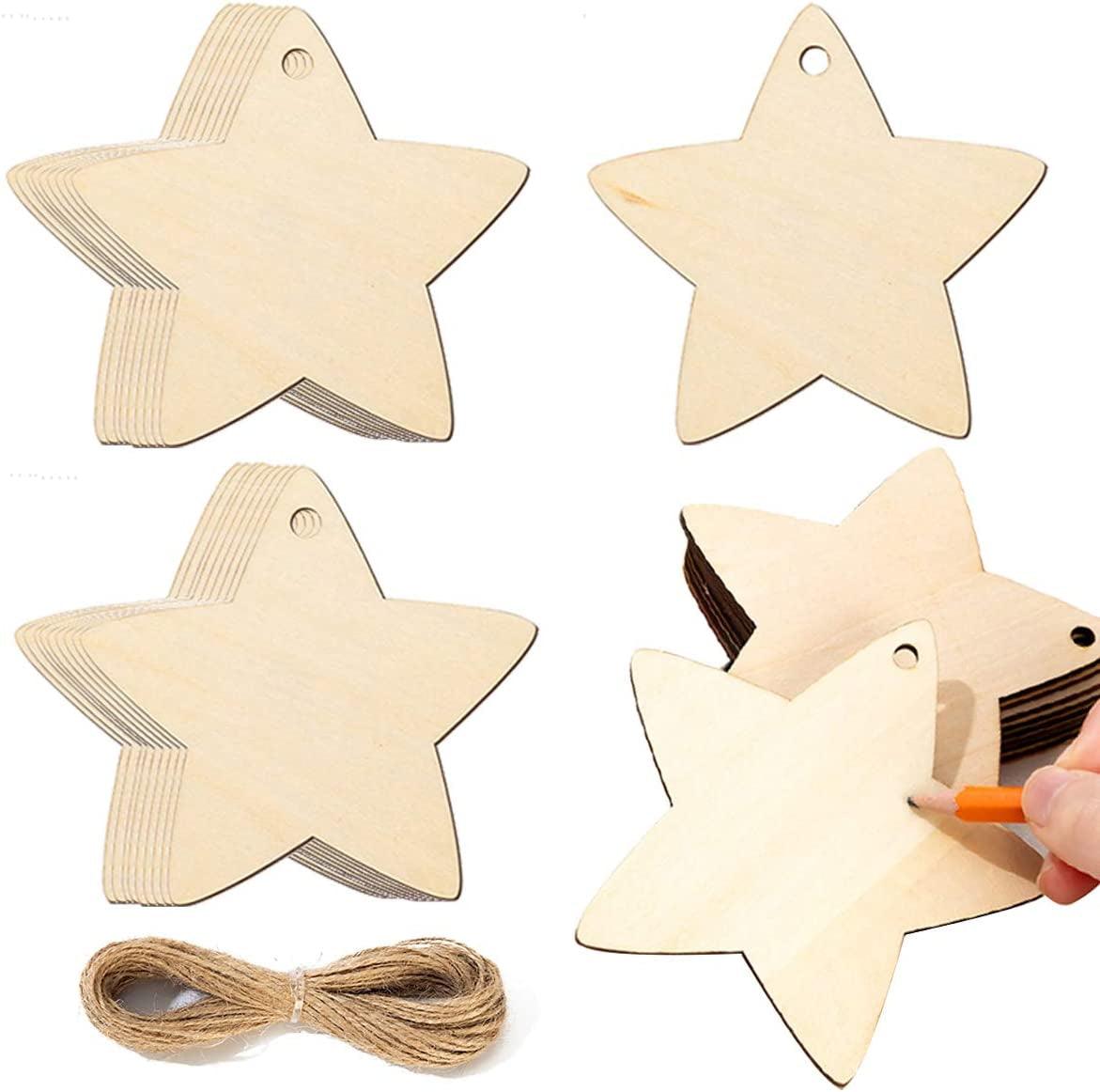 30 Pack Stars Shape Unfinished Wood Ornaments Big Blank Slices DIY Crafts Wooden Cutout with Hemp Rope for Craft DIY 4.72 In - WoodArtSupply
