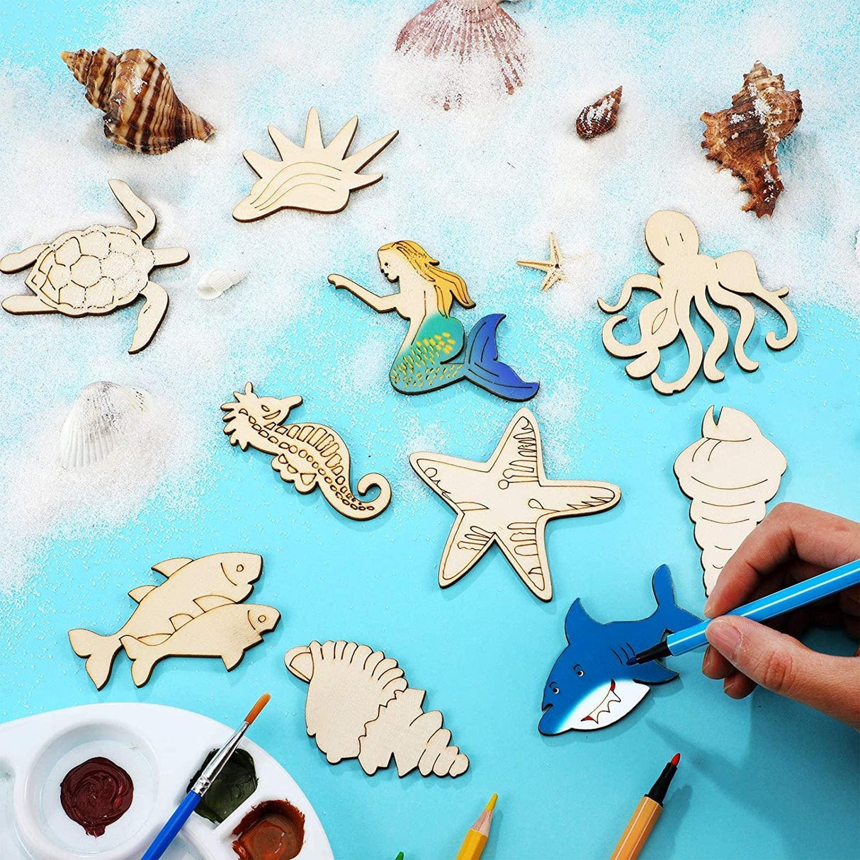 30 Piece Unfinished Wood Cutouts Ocean Animals Wooden Kid DIY Craft Art , Octopus, Whale, Dolphin, Seahorse, Fish (3.9 X 0.1 Inch) WoodArtSupply