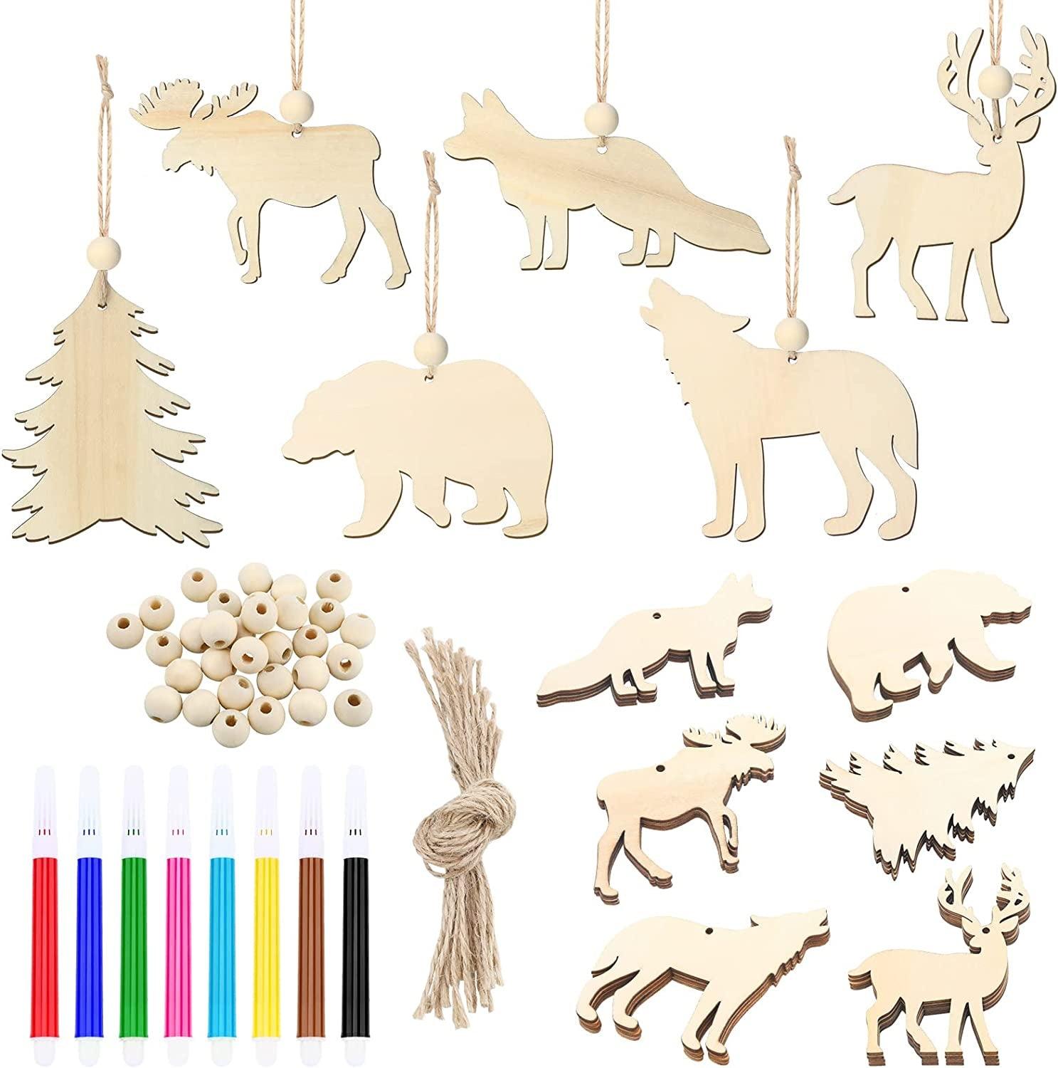 30 Pieces Wooden Animal Cutouts Wild Forest Deer Unfinished Wood Hanging with Natural Beads and Water Color Pen for DIY - WoodArtSupply