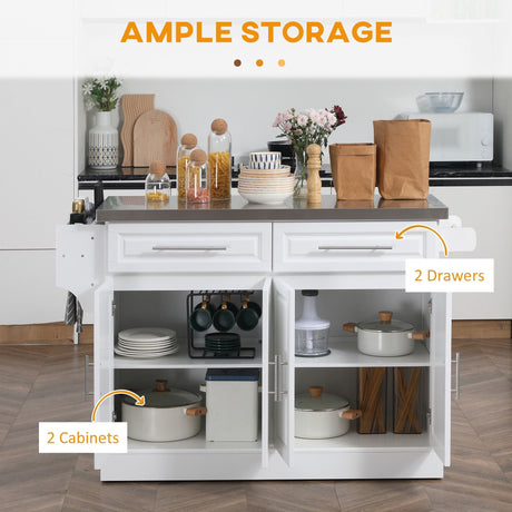 Homcom - Rolling Kitchen Island With Storage, Portable Kitchen Cart With Stainless Steel Top, 2 Drawers, Spice, Knife And Towel Rack And Cabinets HouseOfZazla