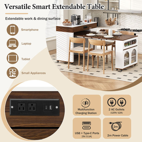 Extendable Dining Table With Folding Top, Rolling Kitchen Island With Drawers And Power Outlet HouseOfZazla