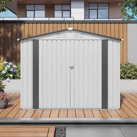 Outdoor Garden Storage Shed, Tool Shed With Pitched Roof Waterproof With 1 Window And 2 Lockable Door - White / Gray HouseOfZazla