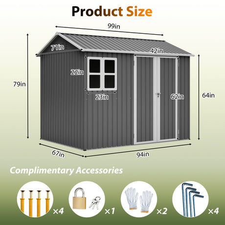 8'x6' Large Steel Storage Shed with Window, Lockable Doors & Sloped Roof HouseOfZazla