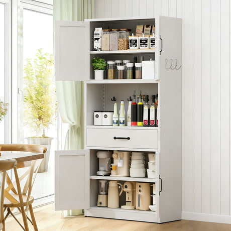 Kitchen Pantry Cabinet With Adjustable Shelves, Drawers, Hooks And Large Countertop - White HouseOfZazla
