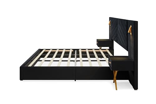 Olodumare Luxurious King Platform Bed Frame, Velvet Upholstered Headboard with 2 Built-in Wall Sconces & Nightstands, Sturdy Metal & Solid Wood Frame, Squeak-Free, No Box Spring Needed, Polar Black Olodumare