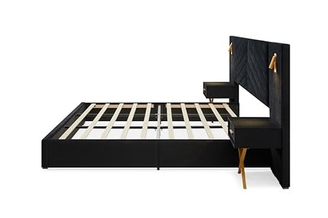 Olodumare Luxurious King Platform Bed Frame, Velvet Upholstered Headboard with 2 Built-in Wall Sconces & Nightstands, Sturdy Metal & Solid Wood Frame, Squeak-Free, No Box Spring Needed, Polar Black Olodumare