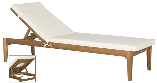 SAFAVIEH Outdoor Collection Montclair Natural Solid Wood/Beige Cushion Adjustable Chaise Lounge Chair (PAT6731A)