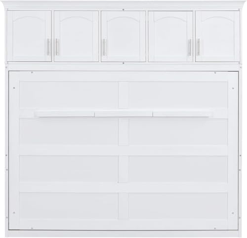 Virubi Queen Horizontal Murphy Bed with Storage Cabinet,Wood Folding Murphy Wall Bed for Adult (White,Queen) Virubi