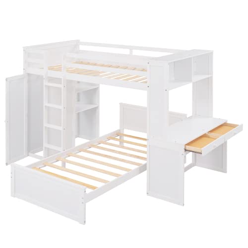 Harper & Bright Designs Twin Over Twin Bunk Bed with Desk, Drawers and Wardrobe, Wooden Loft with Stand-Alone Bed and Shelves for Kids Teens, White Harper & Bright Designs