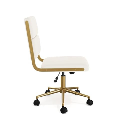 Martha Stewart Lulu Swivel Task Chair with Height Adjustable Seat for Home Office in Off White Faux Leather with Polished Brass Frame Martha Stewart