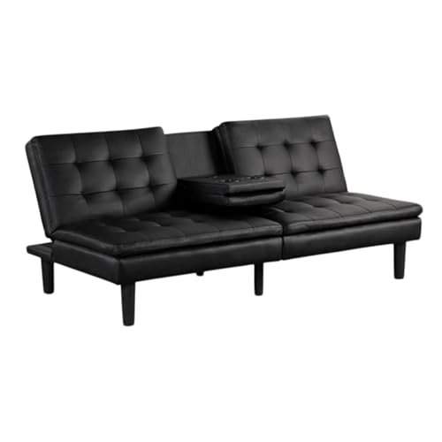 Benzara Berie Futon Sofa Bed, Drop-Down Tray, Cupholder, Black Faux Leather Benzara