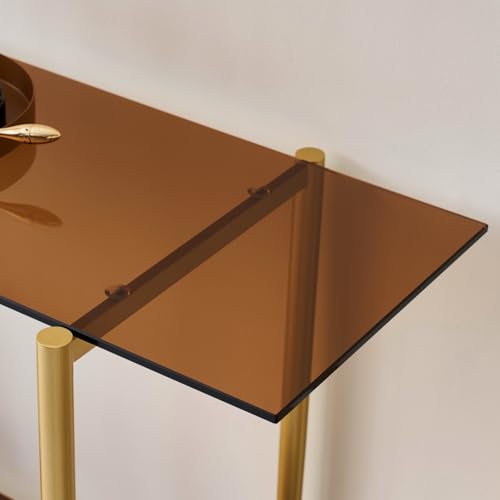 LumFurn Glass Console Table for Living Room, Foyer & Entrance, 2-Tiers Mid-Century Modern Sofa Table with Amber Glass Top, Walnut Finish Wood Shelf and Gold Finish Frame LumFurn