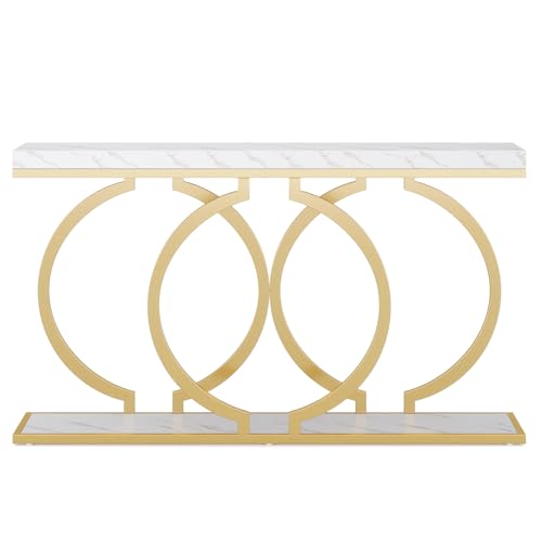 Tribesigns Gold Console Table, 55 inch Faux Marble Entryway Table Narrow Long Sofa Table, Modern Accent Table for Living Room, Entrance Table Geometric Metal Frame, White and Gold Tribesigns