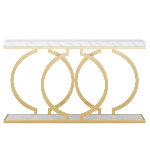 Tribesigns Gold Console Table, 55 inch Faux Marble Entryway Table Narrow Long Sofa Table, Modern Accent Table for Living Room, Entrance Table Geometric Metal Frame, White and Gold - WoodArtSupply