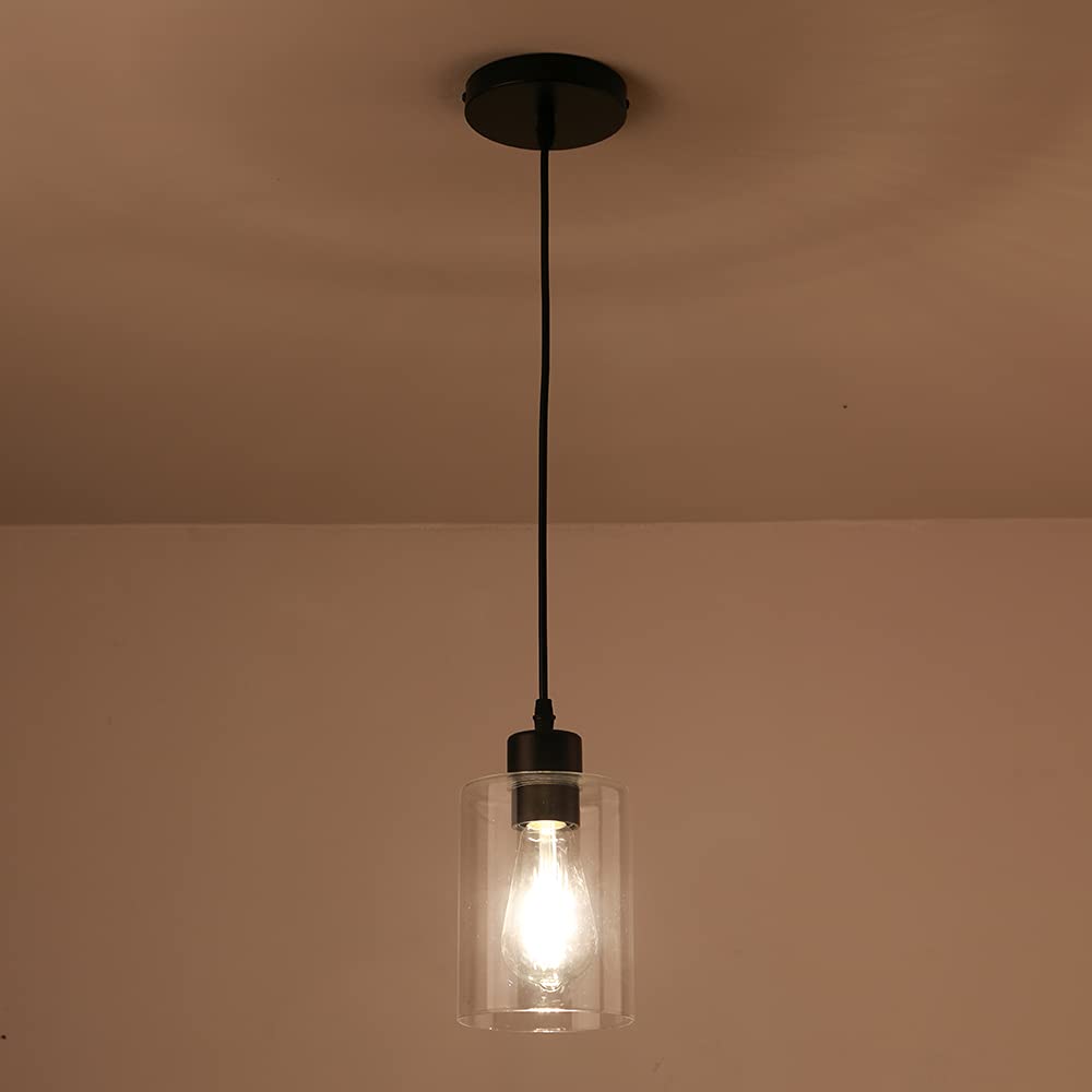 KLSS Modern Black Farmhouse Clear Glass Cylinder Pendant Light Fixture,Island Lights for Kitchen,Mini Pendant Lighting for Kitchen Island Decor - 4.75 Inch Shade 58 Inch Cord (Black 2 Pack) KLSS