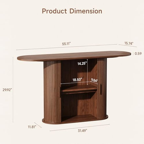 55 Inch Console Table with Storage, Fluted Entryway Tables with Sliding Doors, Sofa Table Behind The Couch, Hallway Tables, Mid-Century Modern Foyer Table for Entryway, Hallway, Living Room, Walnut ONBRILL